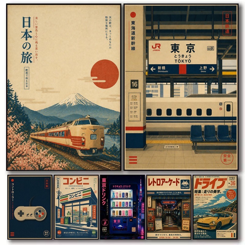 Japanese Lifestyle Store - วินเทจญี่ปุ่นแบบดั้งเดิมร้านค้าสถานีรถไฟเกมอาร์เคดโปสเตอร์ภาพวาดบนผ้าใบภาพศิลปะติดผนังตกแต่งบ้านห้องนอน